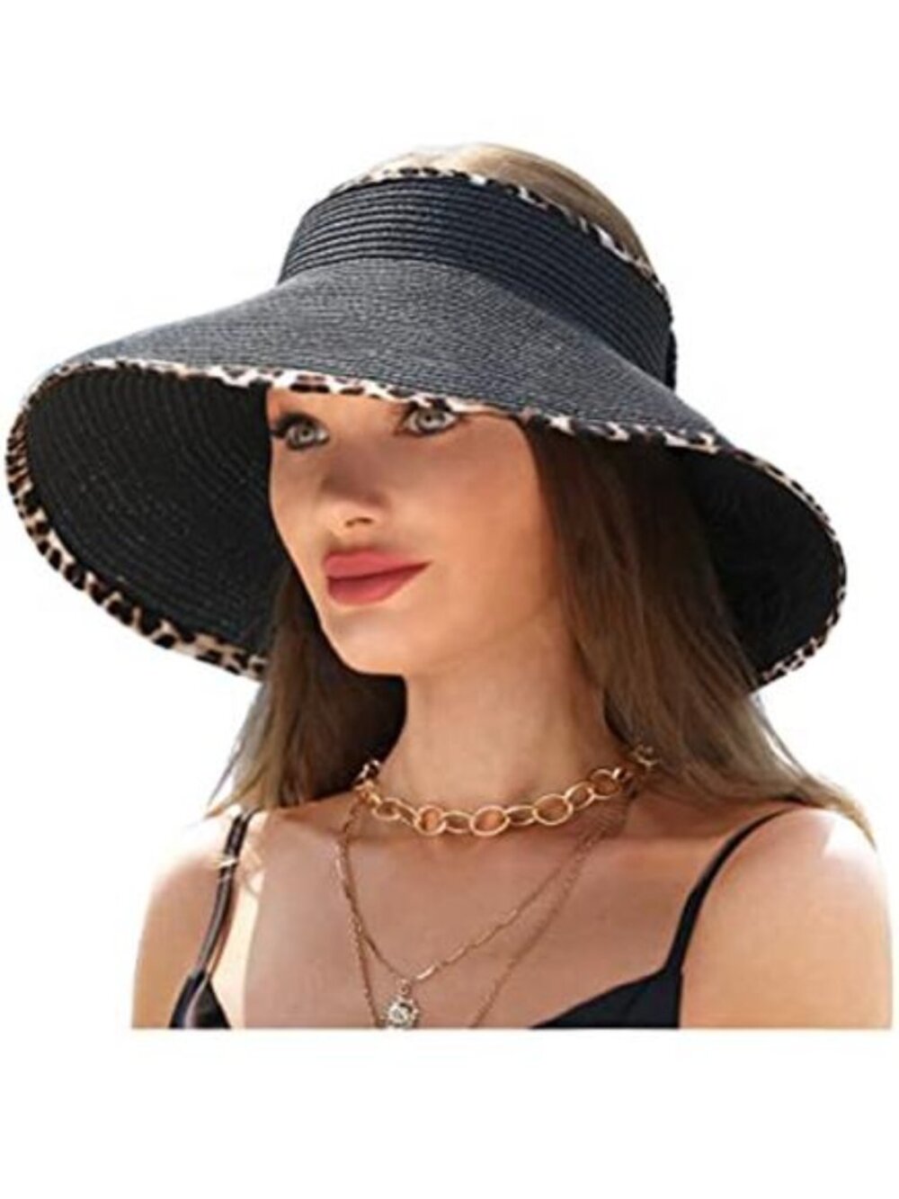 Women's Wide Brim UV Protection Sun Hat with Leopard Trim Straw